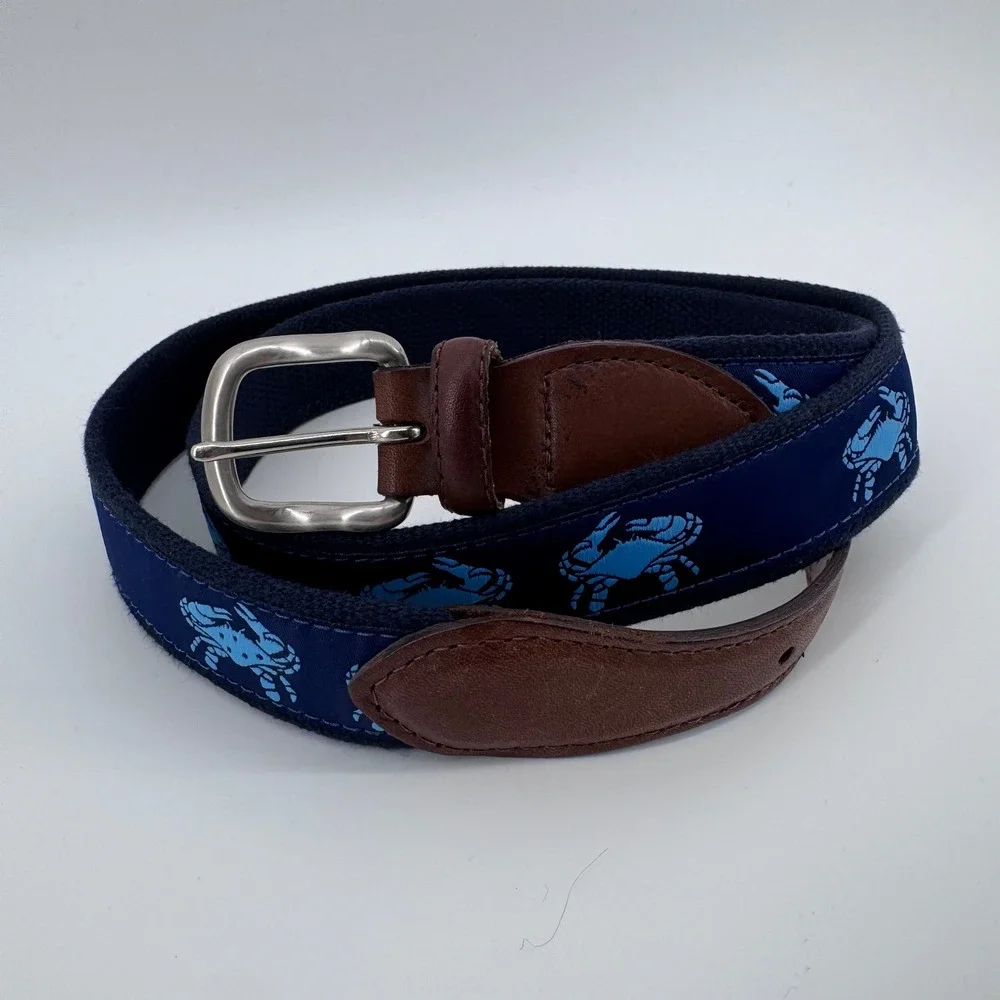 The Belted Cow Blue Crab Canvas Belt Men 46 Navy Leather Trim Nautical Preppy